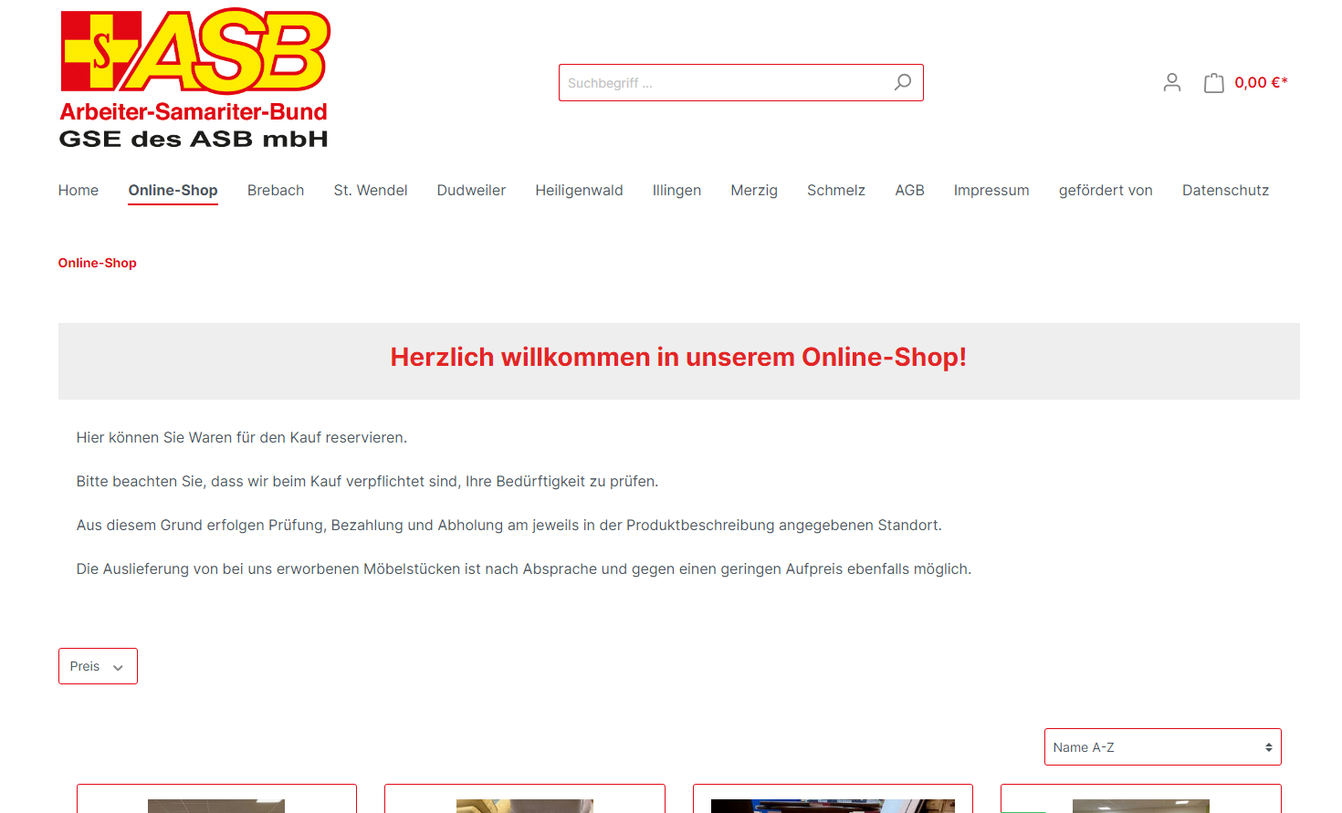 Screenshot Online-Sozialkaufhaus der GSE des ASB mbH